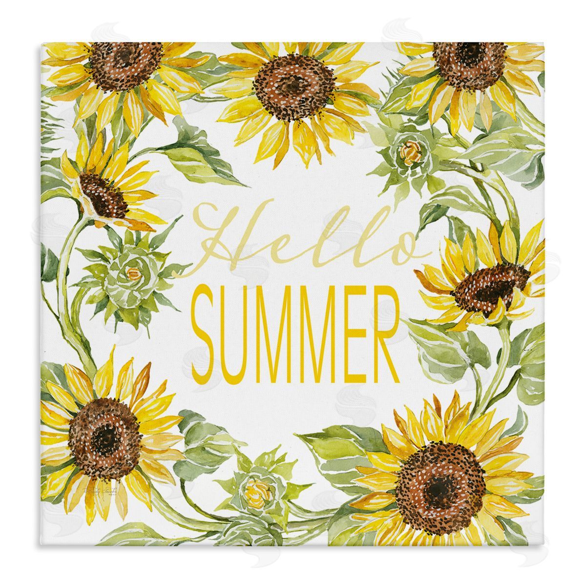 Cindy Jacobs Hello Summer Warm Yellow Sunflower Typography Border Stretched Canvas Wall Art Print