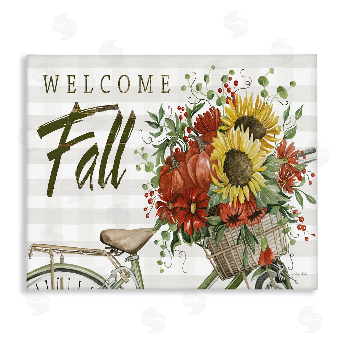 Cindy Jacobs Welcome Fall Autumnal Flower Assortment Bicycle Basket Stretched Canvas Wall Art Print