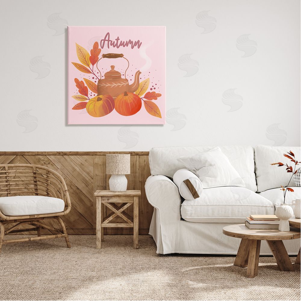 Dominika Godette Warm Autumn Teapot Seasonal Pumpkin Botanicals  Canvas Wall Art in Room