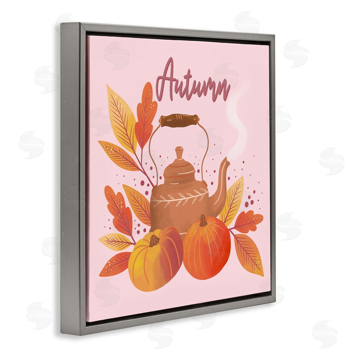 Dominika Godette Warm Autumn Teapot Seasonal Pumpkin Botanicals  Gray Floating Frame Canvas Wall Art Print