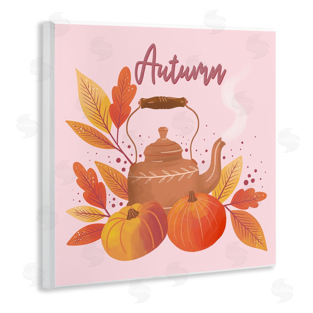 Dominika Godette Warm Autumn Teapot Seasonal Pumpkin Botanicals  Wooden Wall Plaque Art Print