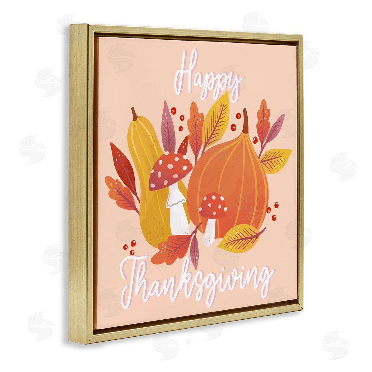 Dominika Godette Happy Thanksgiving Whimsical Autumnal Mushroom Botanicals Gold Floating Frame Canvas Wall Art Print