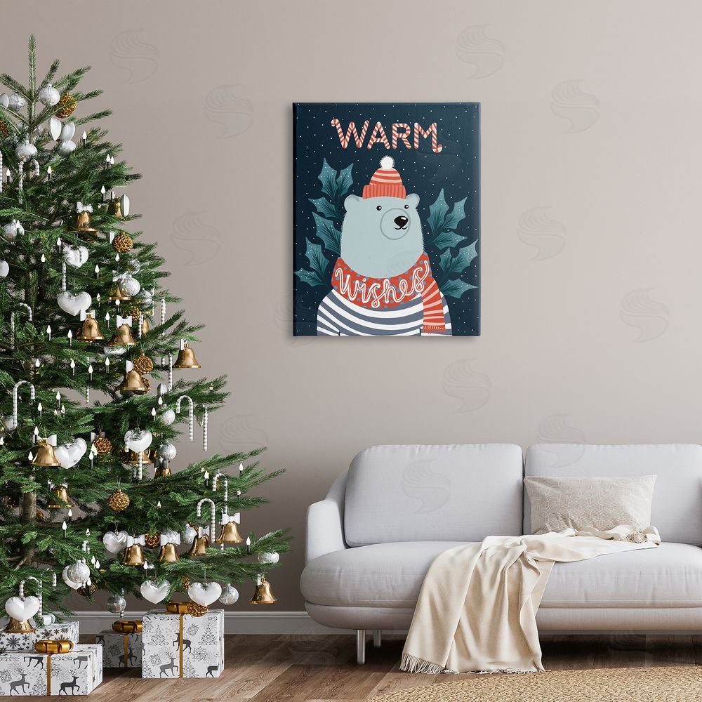 Dominika Godette Warm Wishes Cozy Polar Bear Seasonal Typography Canvas Wall Art Print in Room