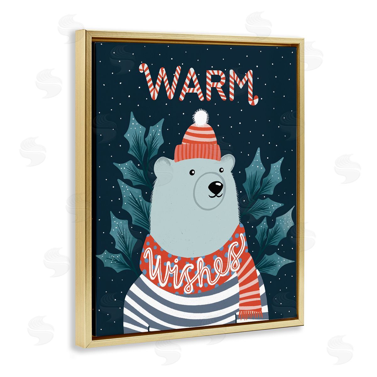 Dominika Godette Warm Wishes Cozy Polar Bear Seasonal Typography Gold Floating Frame Canvas Wall Art Print