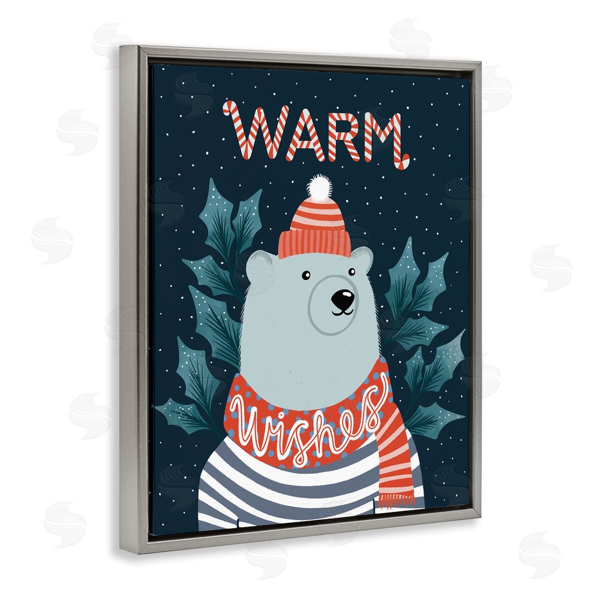 Dominika Godette Warm Wishes Cozy Polar Bear Seasonal Typography Gray Floating Frame Canvas Wall Art Print