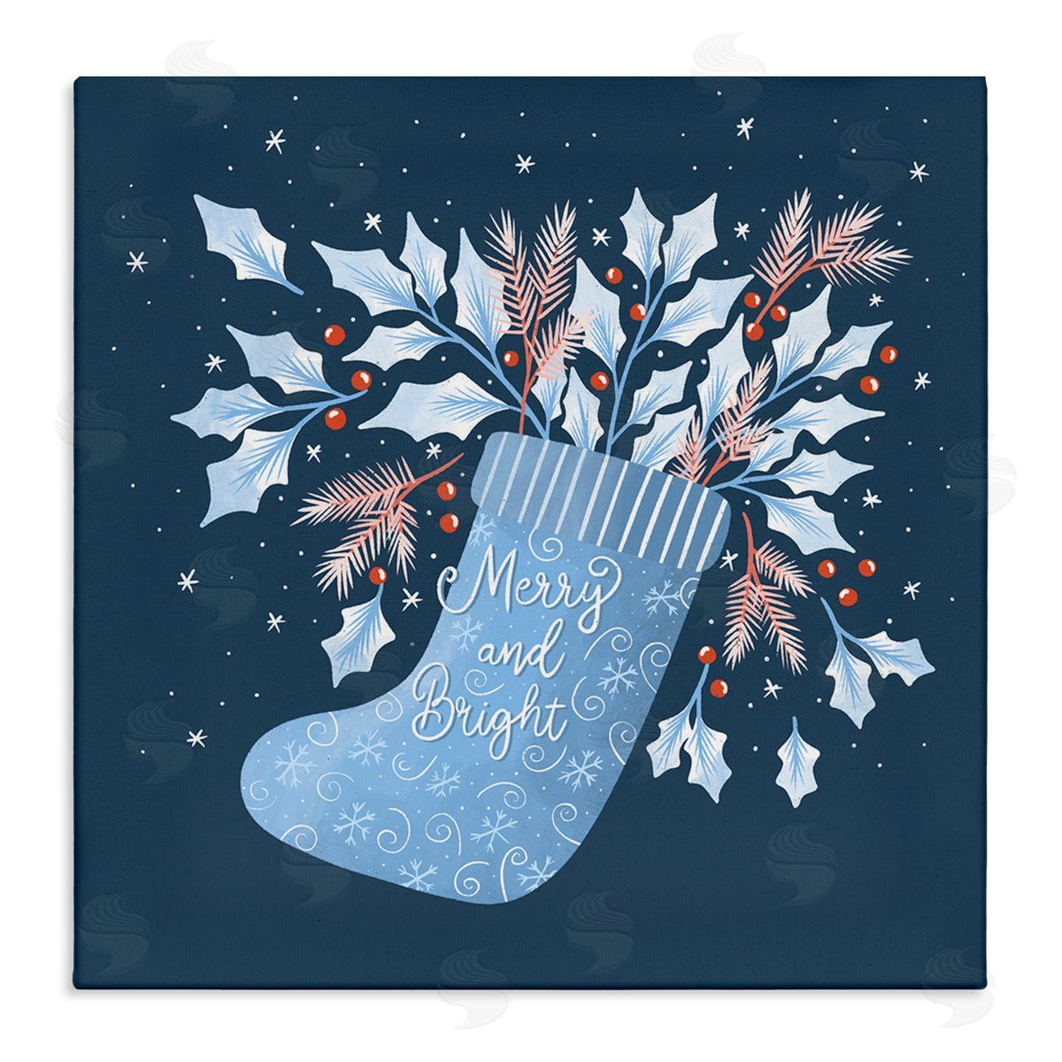 Dominika Godette Merry & Bright Seasonal Holly Berry Sprigs Stocking Stretched Canvas Wall Art Print