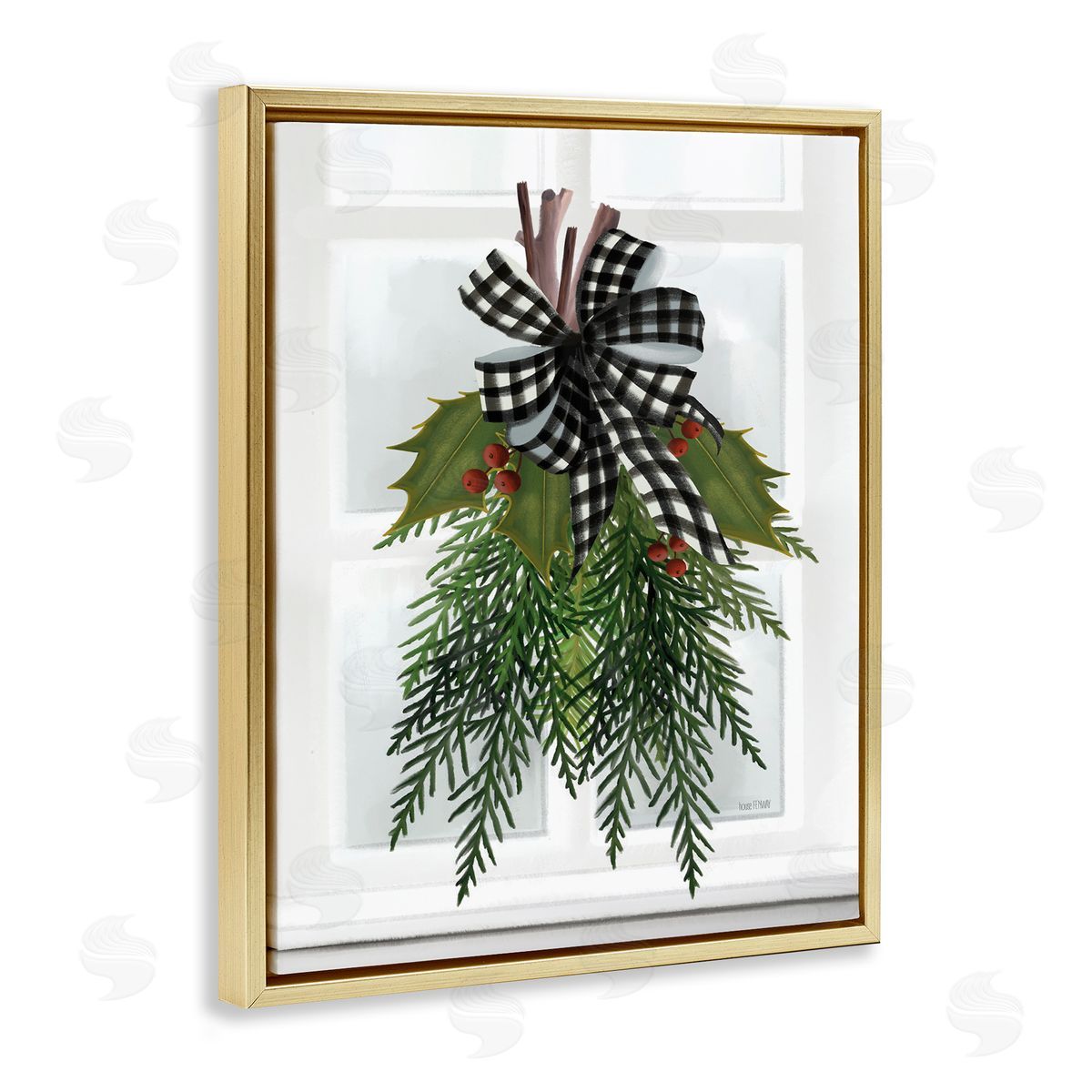 House Fenway Hanging Holly Botanicals Mistletoe Seasonal Winter Flowers Gold Floating Frame Canvas Wall Art Print