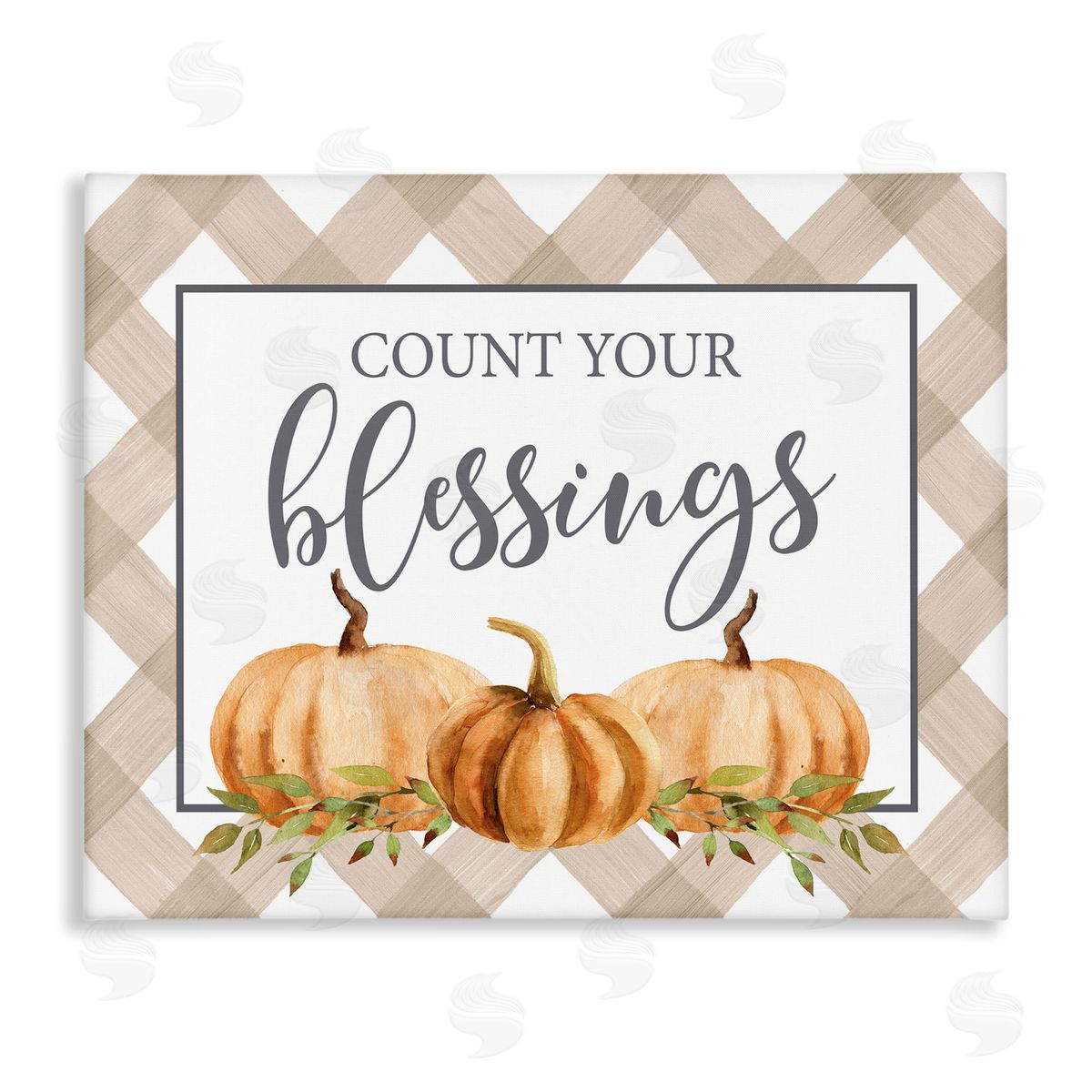 Lettered and Lined Count Your Blessings Thankful Pumpkin Tartan Stretched Canvas Wall Art Print