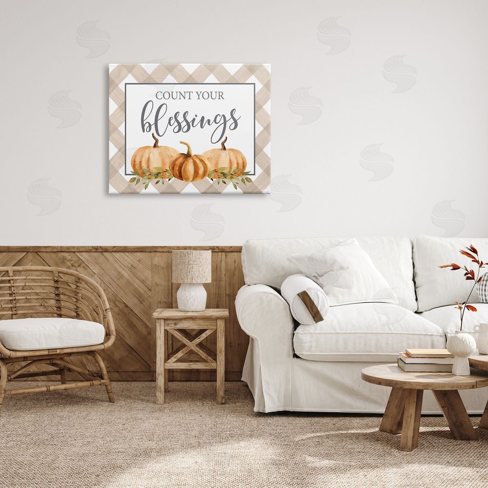 Lettered and Lined Count Your Blessings Thankful Pumpkin Tartan Canvas Wall Art Print in Room