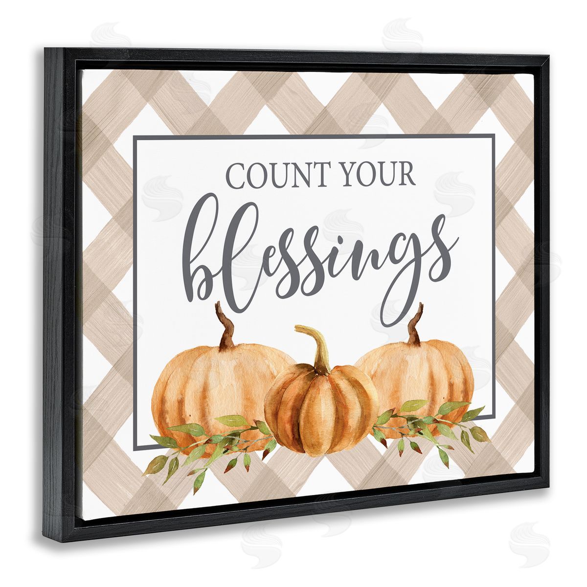 Lettered and Lined Count Your Blessings Thankful Pumpkin Tartan Black Floating Frame Canvas Wall Art Print