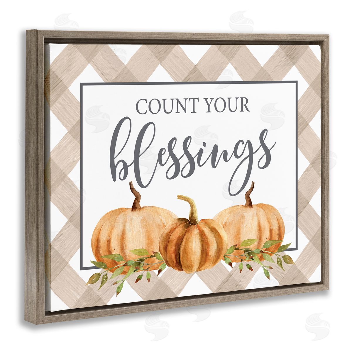 Lettered and Lined Count Your Blessings Thankful Pumpkin Tartan Brown Floating Frame Canvas Wall Art Print