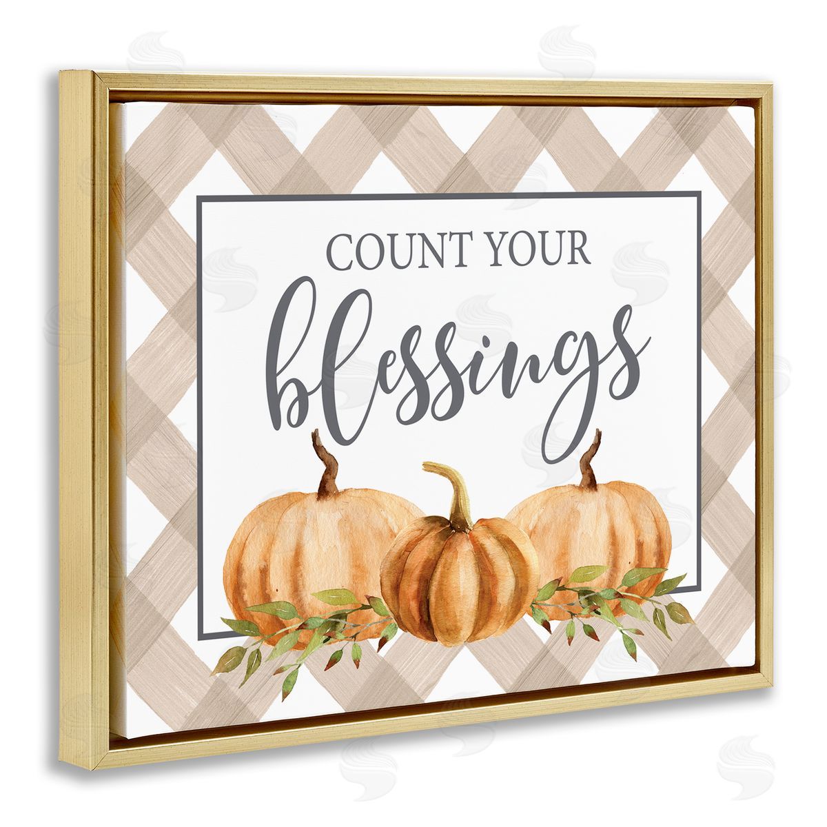 Lettered and Lined Count Your Blessings Thankful Pumpkin Tartan Gold Floating Frame Canvas Wall Art Print