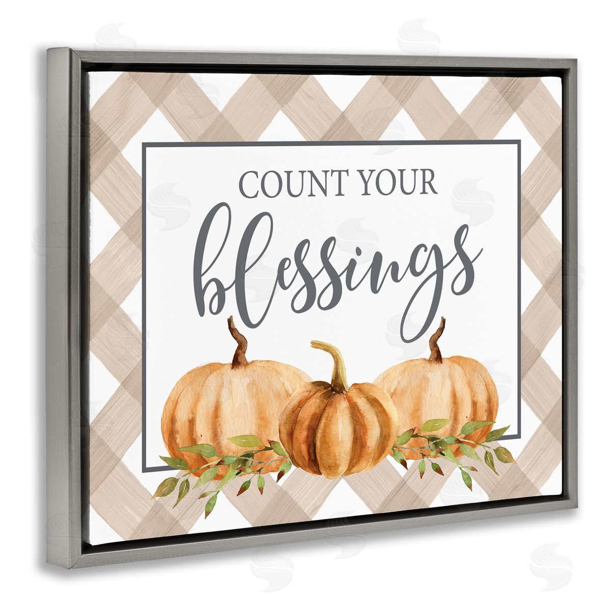 Lettered and Lined Count Your Blessings Thankful Pumpkin Tartan Gray Floating Frame Canvas Wall Art Print