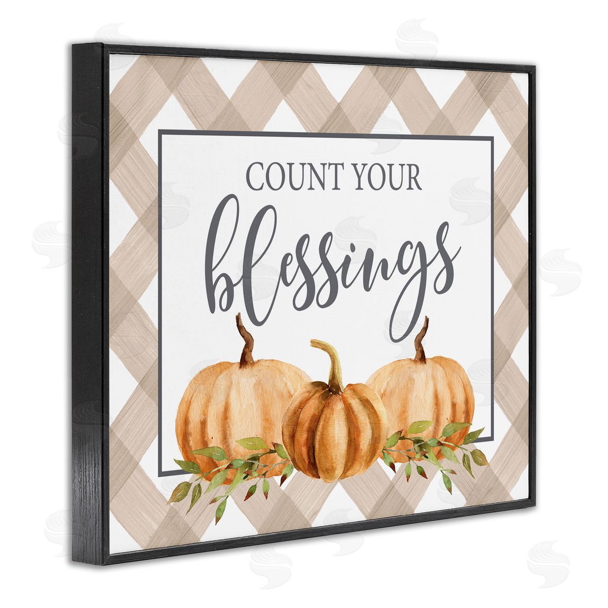 Lettered and Lined Count Your Blessings Thankful Pumpkin Tartan Black Framed Giclee Wall Art Print