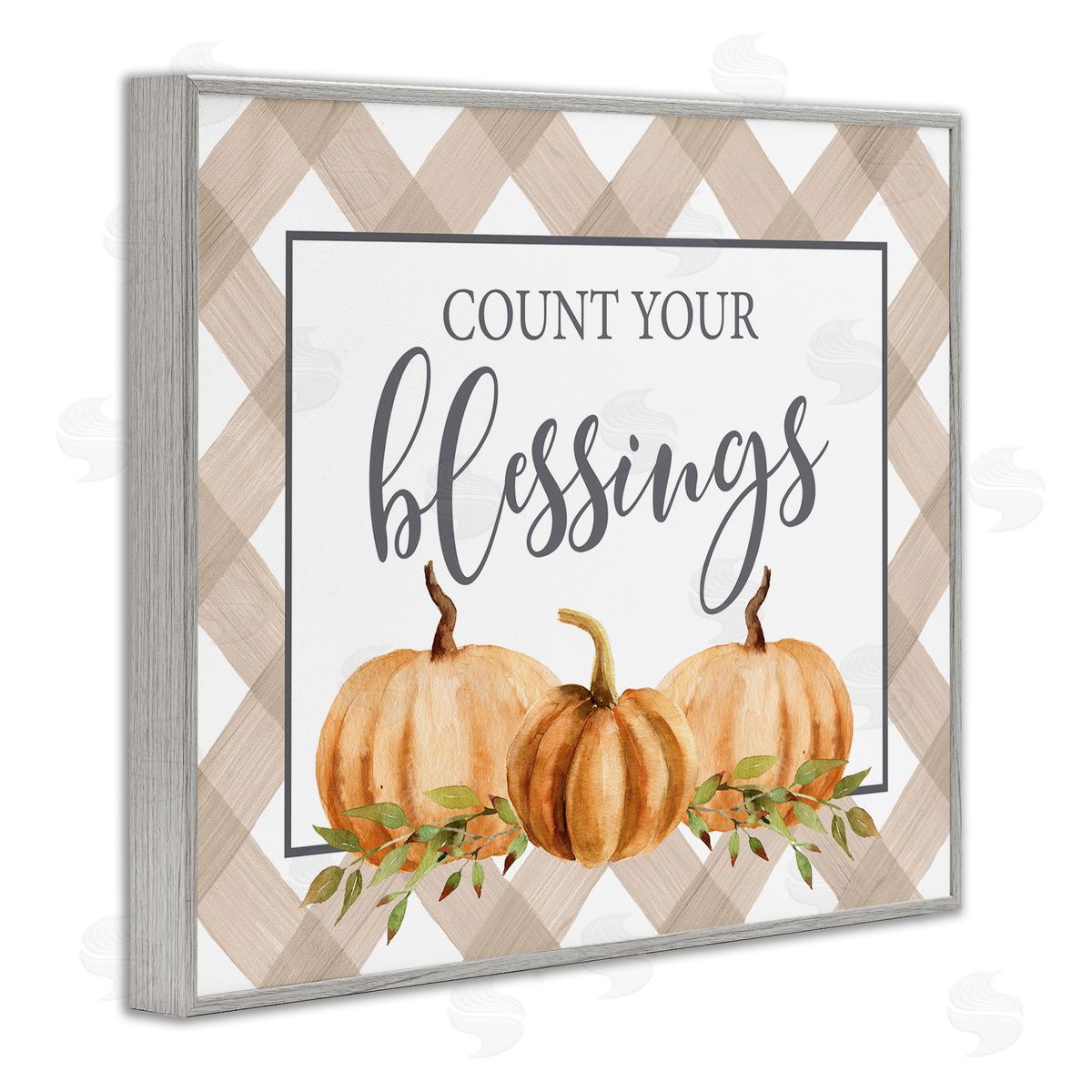 Lettered and Lined Count Your Blessings Thankful Pumpkin Tartan Gray Framed Giclee Wall Art Print