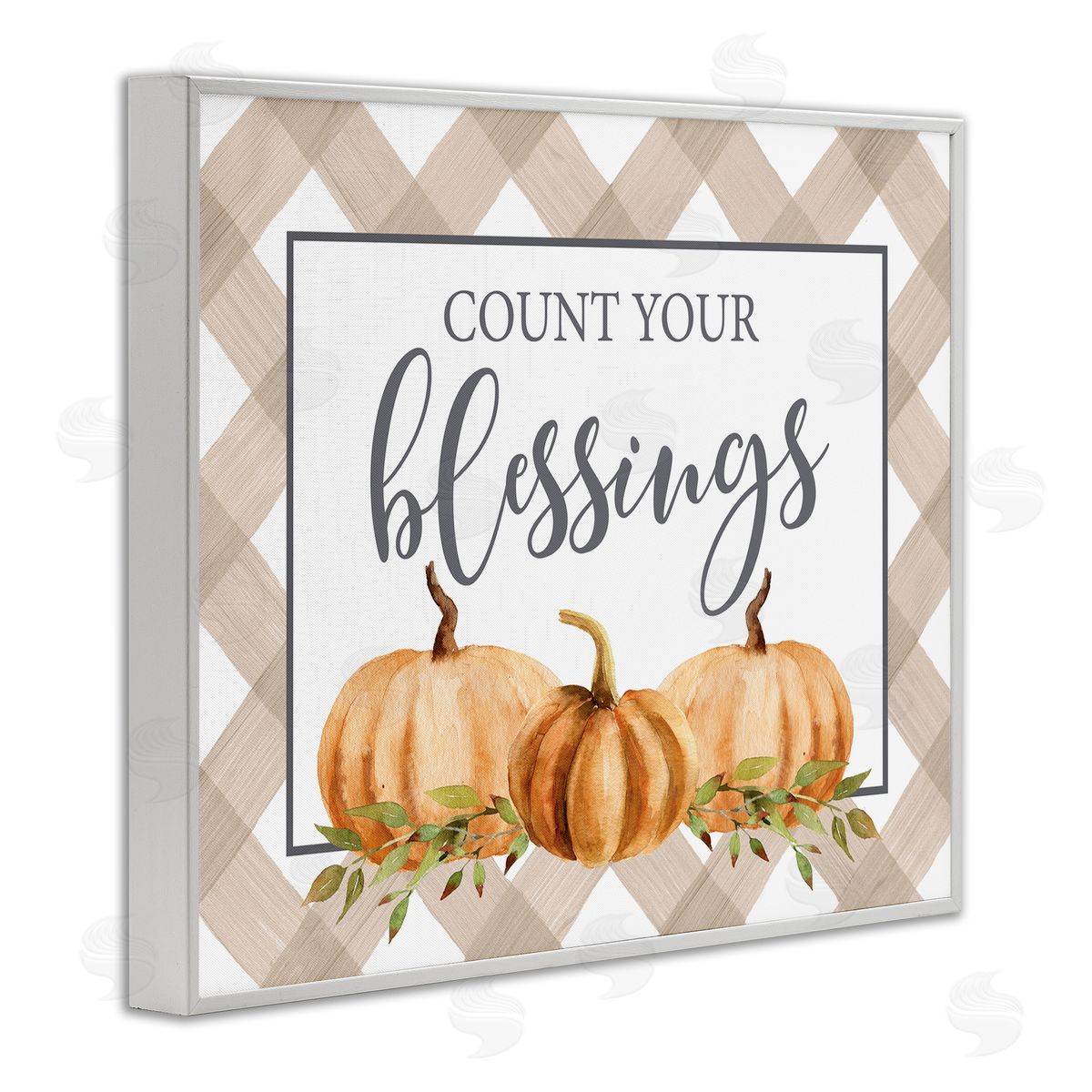 Lettered and Lined Count Your Blessings Thankful Pumpkin Tartan White Framed Giclee Wall Art Print