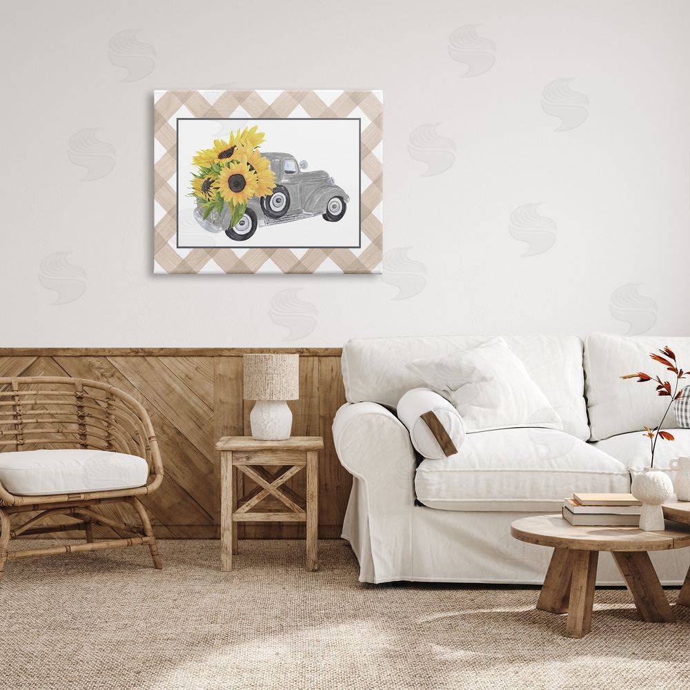 Lettered and Lined Country Vintage Truck Carrying Sunflowers Plaid  Canvas Wall Art Print in Room