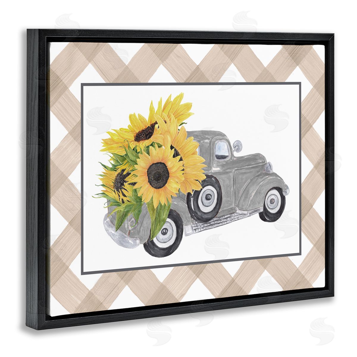 Lettered and Lined Country Vintage Truck Carrying Sunflowers Plaid  Black Floating Frame Canvas Wall Art Print