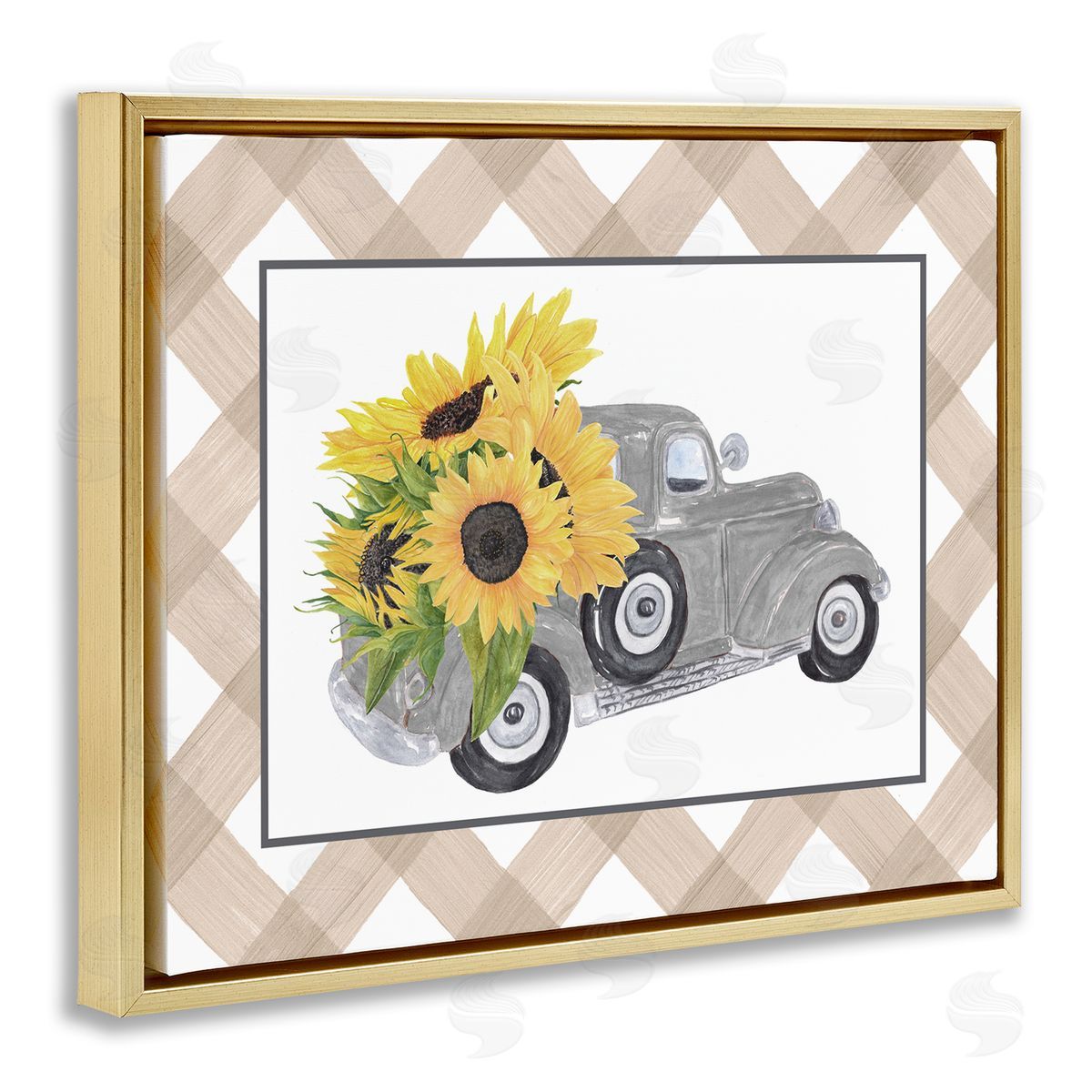 Lettered and Lined Country Vintage Truck Carrying Sunflowers Plaid  Gold Floating Frame Canvas Wall Art Print