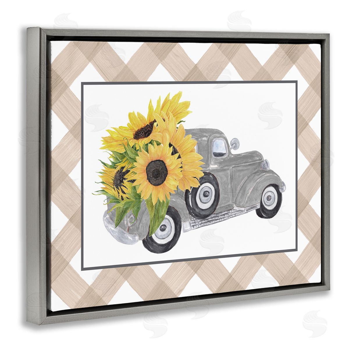 Lettered and Lined Country Vintage Truck Carrying Sunflowers Plaid  Gray Floating Frame Canvas Wall Art Print