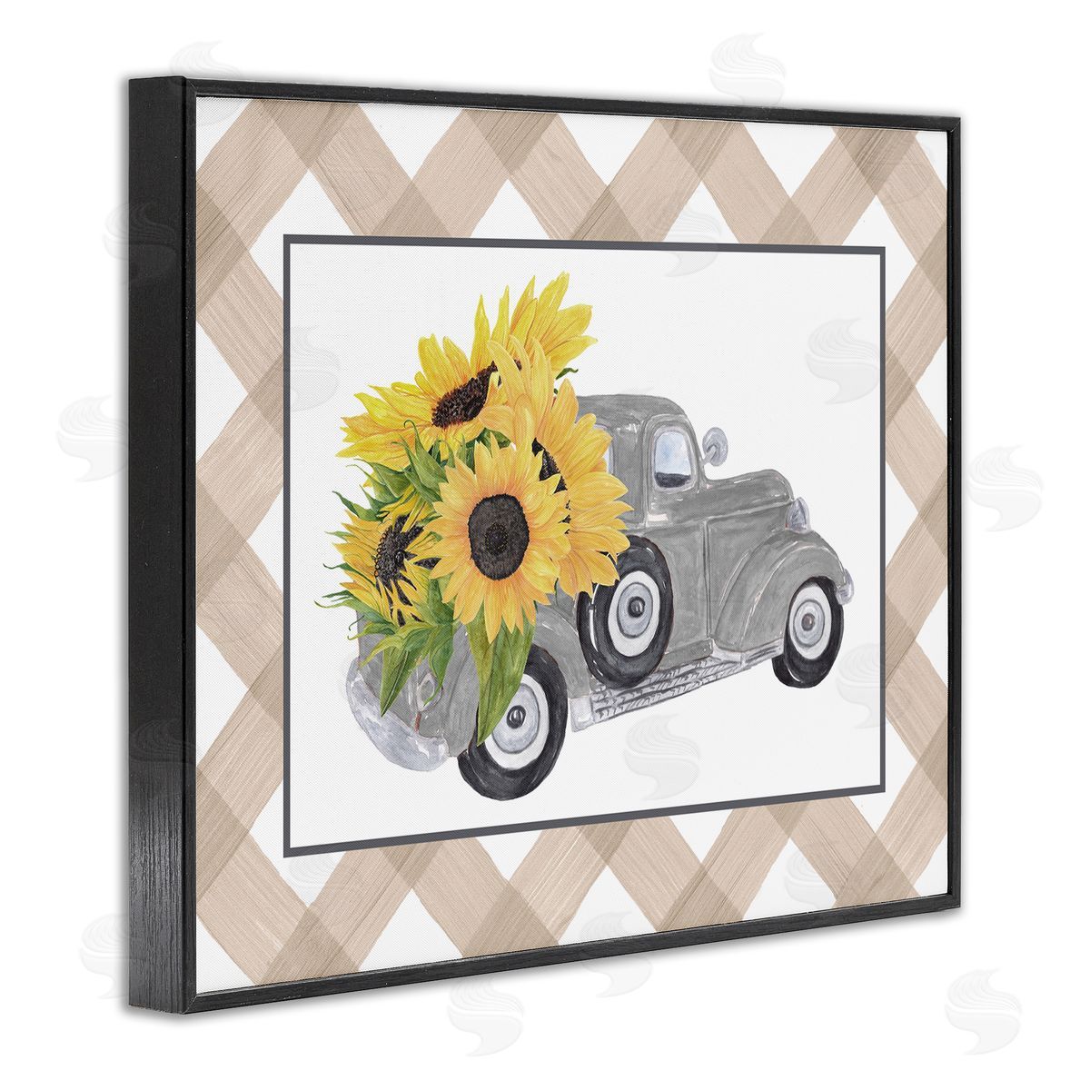 Lettered and Lined Country Vintage Truck Carrying Sunflowers Plaid  Black Framed Giclee Wall Art Print