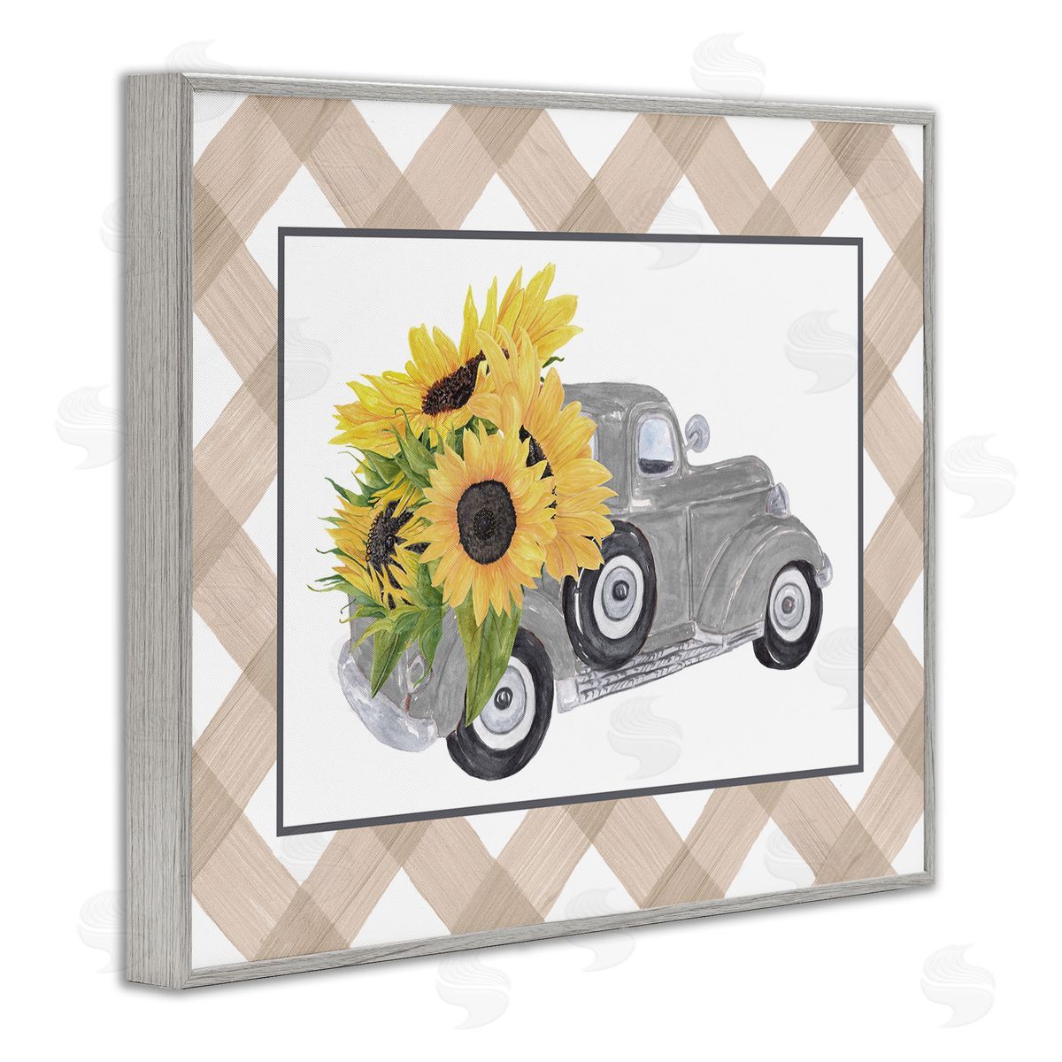Lettered and Lined Country Vintage Truck Carrying Sunflowers Plaid  Gray Framed Giclee Wall Art Print