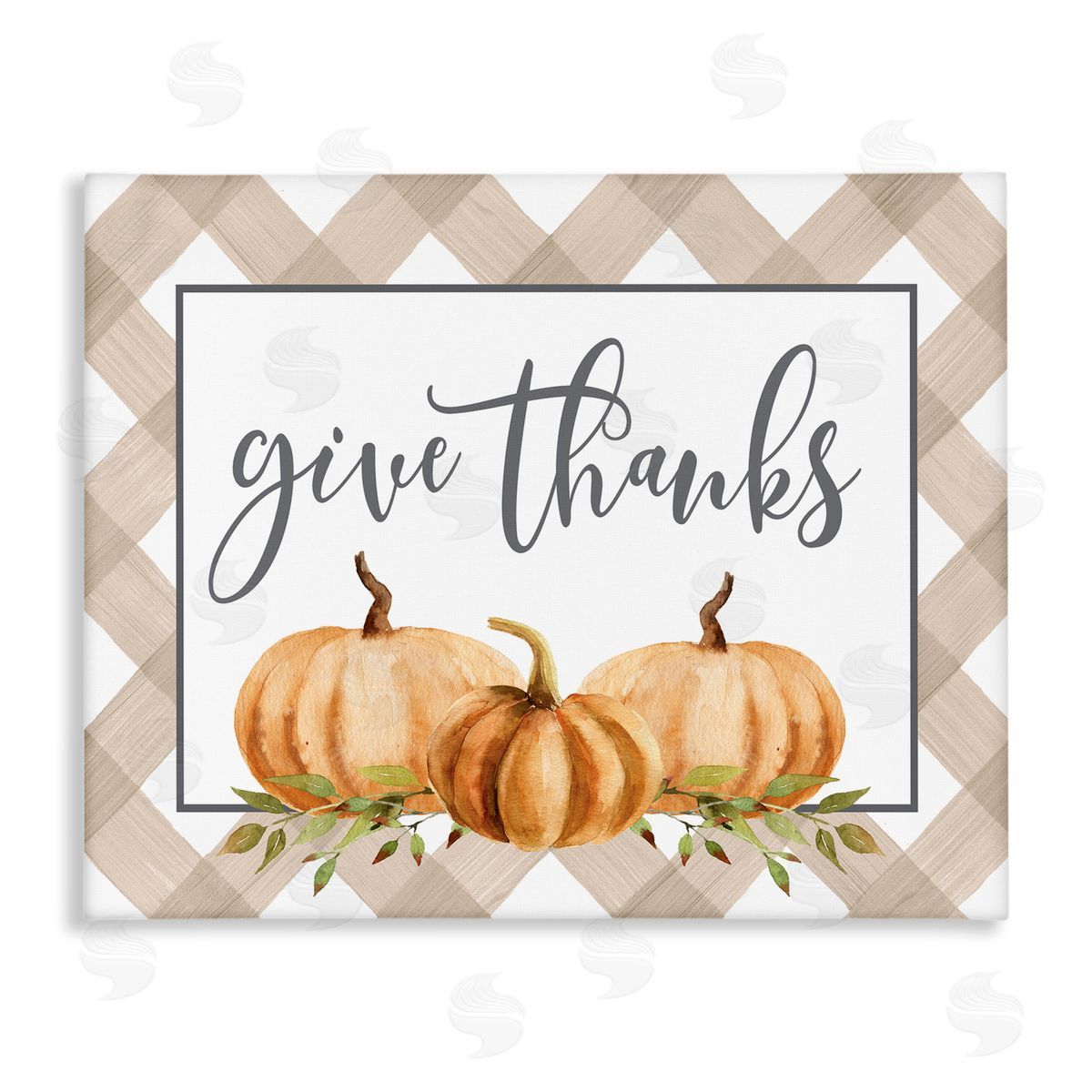 Lettered and Lined Give Thanks Calligraphy Autumnal Tartan Pumpkin   Stretched Canvas Wall Art Print