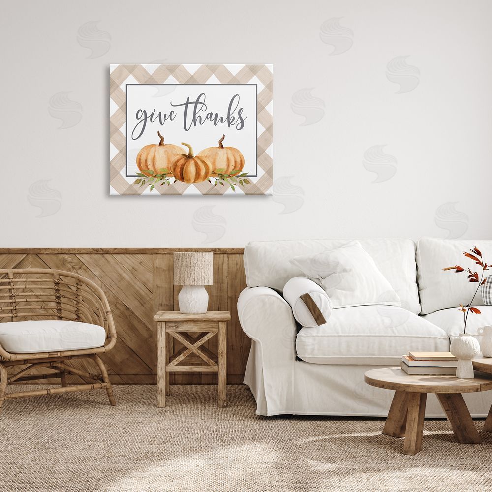 Lettered and Lined Give Thanks Calligraphy Autumnal Tartan Pumpkin   Canvas Wall Art Print in Room