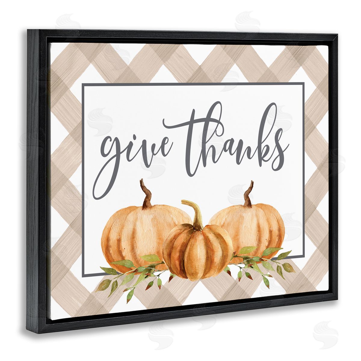 Lettered and Lined Give Thanks Calligraphy Autumnal Tartan Pumpkin   Black Floating Frame Canvas Wall Art Print