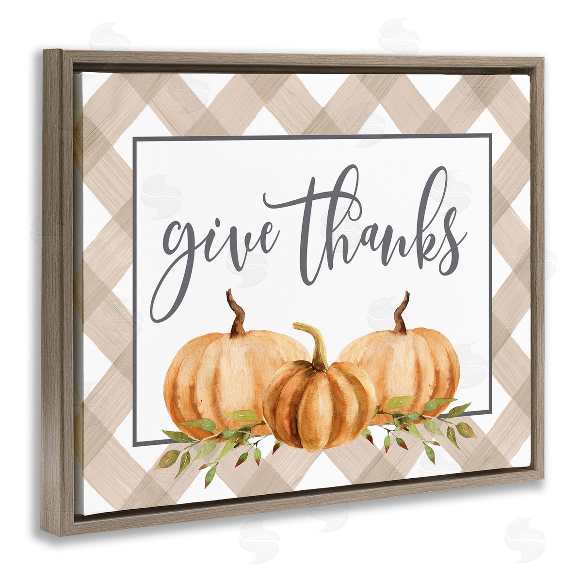 Lettered and Lined Give Thanks Calligraphy Autumnal Tartan Pumpkin   Brown Floating Frame Canvas Wall Art Print