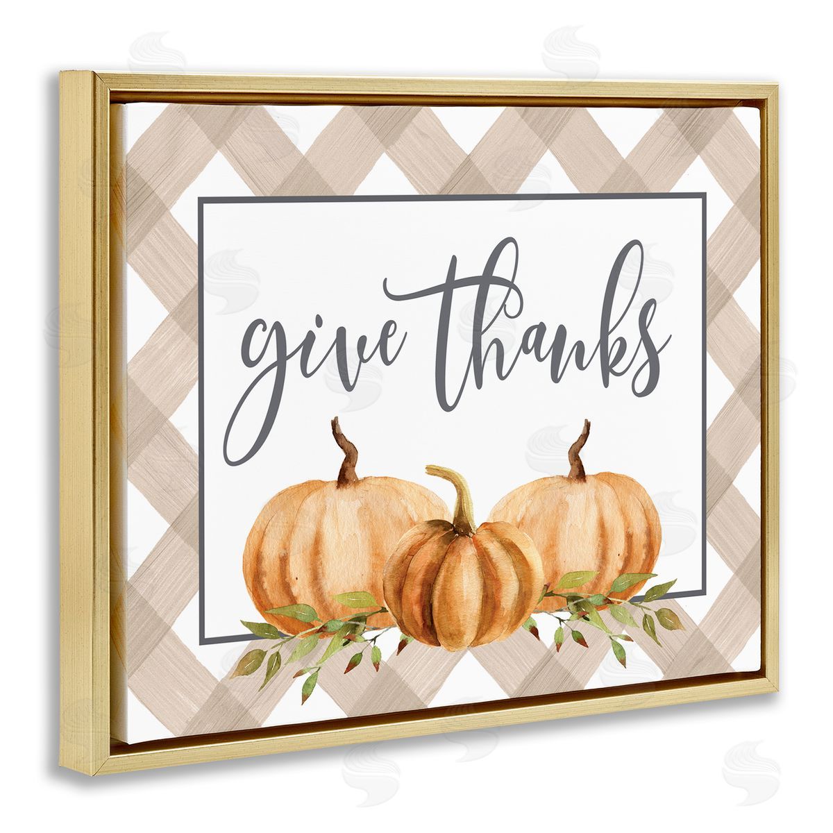 Lettered and Lined Give Thanks Calligraphy Autumnal Tartan Pumpkin   Gold Floating Frame Canvas Wall Art Print