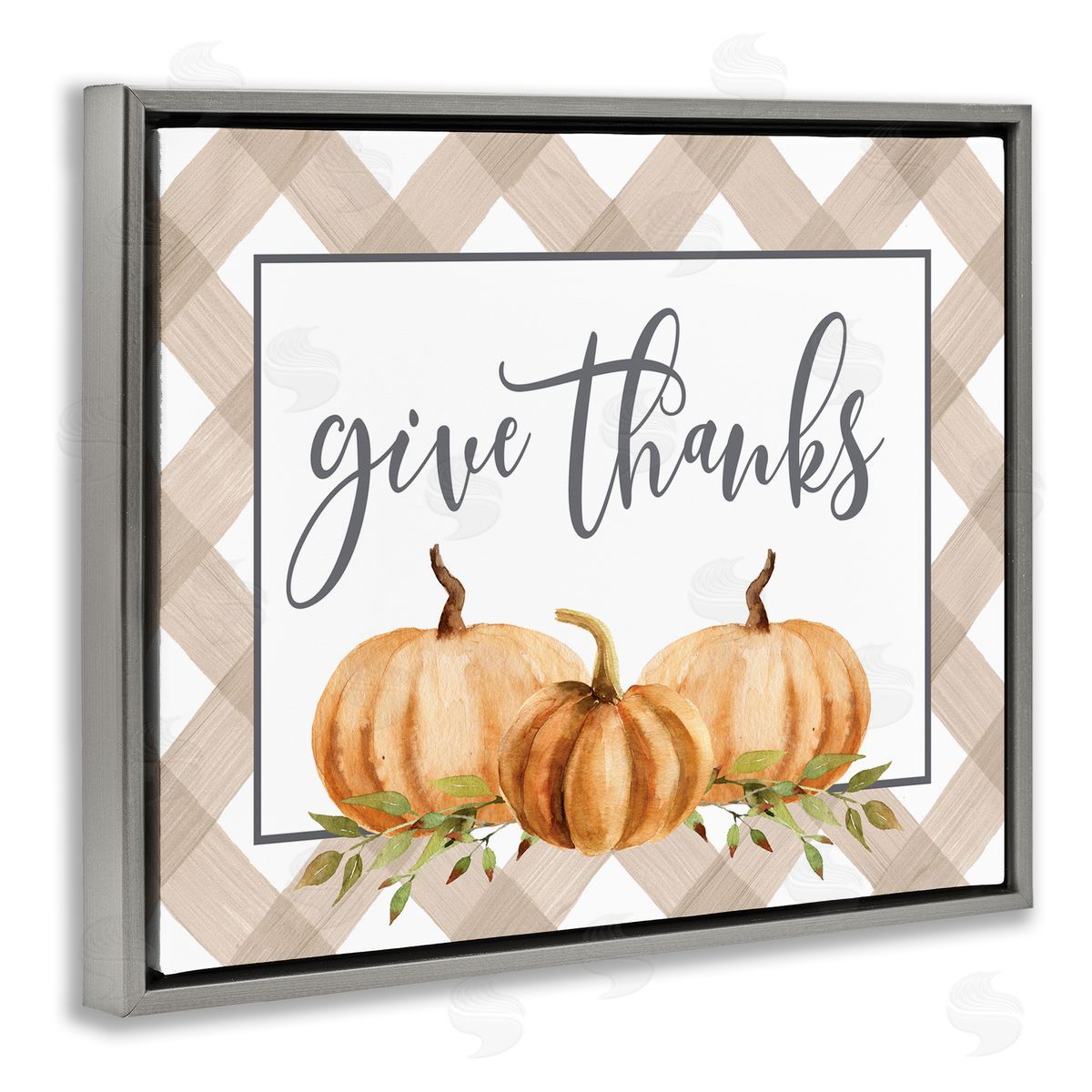 Lettered and Lined Give Thanks Calligraphy Autumnal Tartan Pumpkin   Gray Floating Frame Canvas Wall Art Print