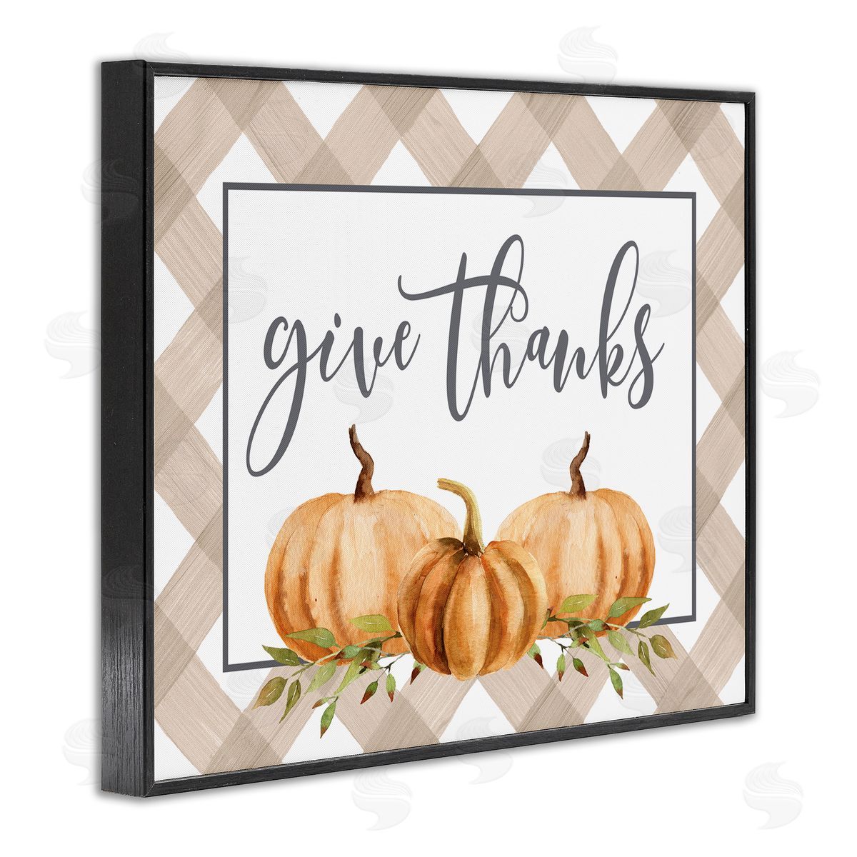 Lettered and Lined Give Thanks Calligraphy Autumnal Tartan Pumpkin   Black Framed Giclee Wall Art Print