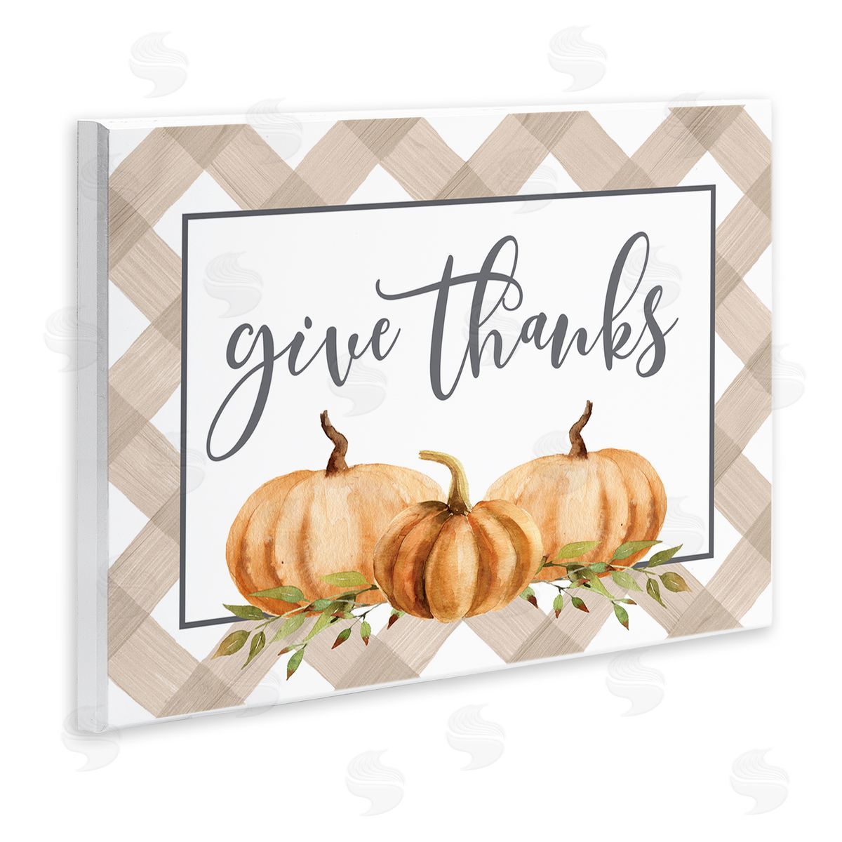 Lettered and Lined Give Thanks Calligraphy Autumnal Tartan Pumpkin   Wall Plaque Art Print