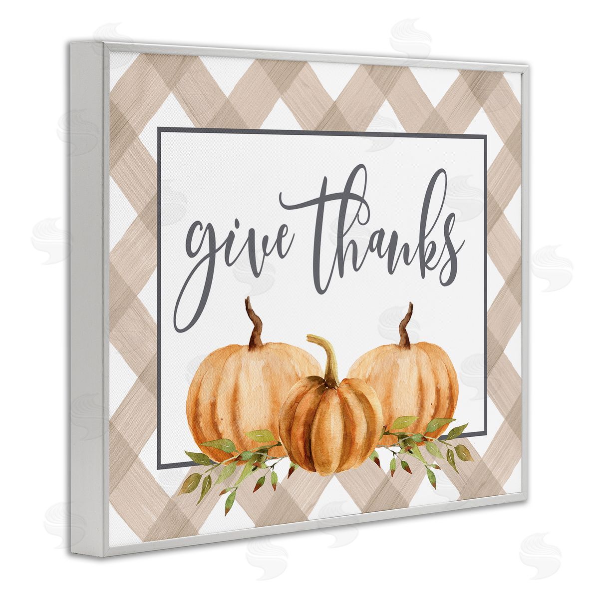 Lettered and Lined Give Thanks Calligraphy Autumnal Tartan Pumpkin   White Framed Giclee Wall Art Print