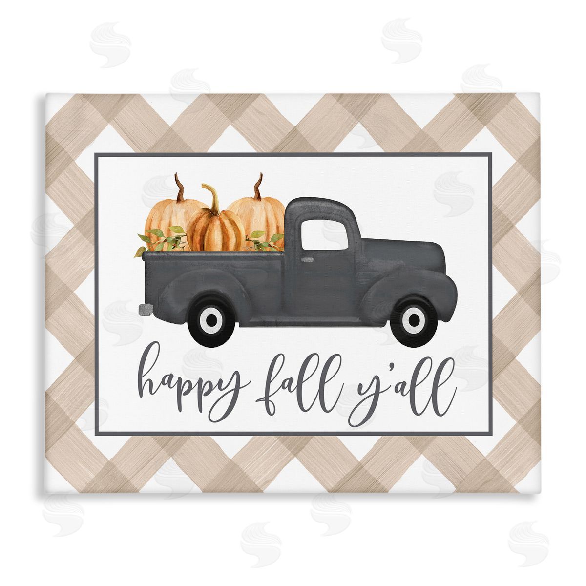 Lettered and Lined Happy Fall Y'all Vintage Truck Carrying Pumpkins Stretched Canvas Wall Art Print
