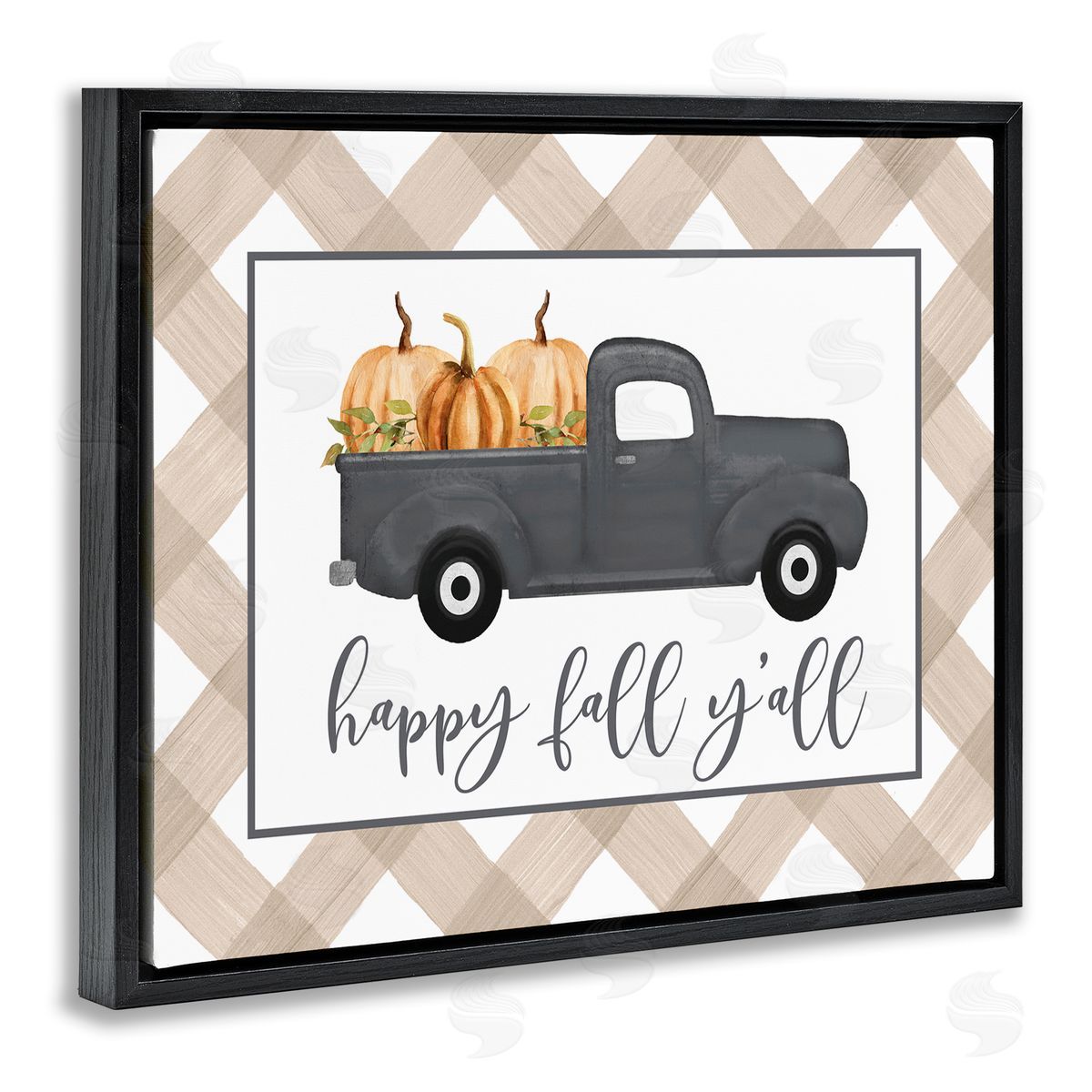 Lettered and Lined Happy Fall Y'all Vintage Truck Carrying Pumpkins Black Floating Frame Canvas Wall Art Print