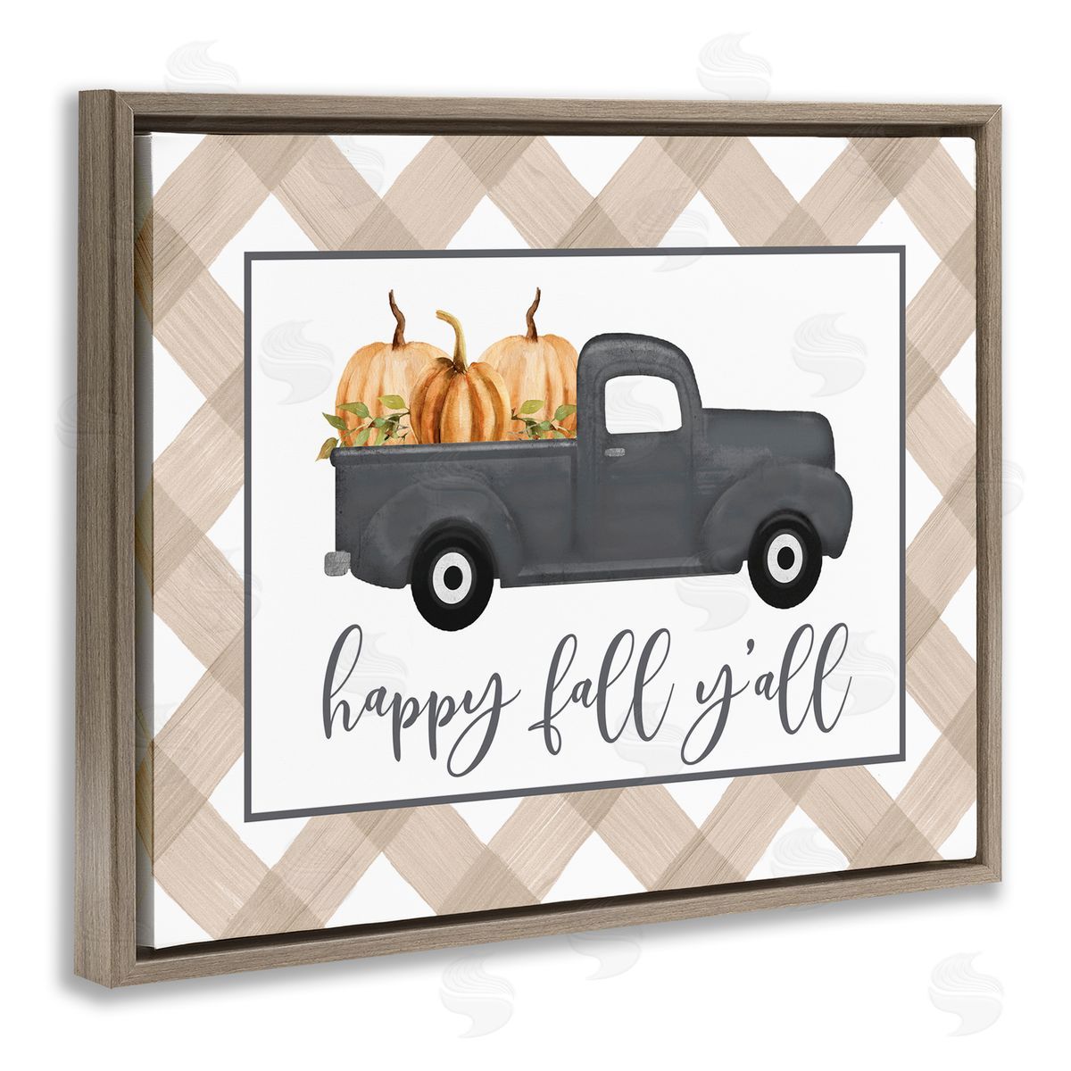 Lettered and Lined Happy Fall Y'all Vintage Truck Carrying Pumpkins Brown Floating Frame Canvas Wall Art Print