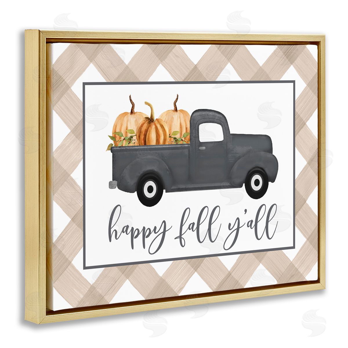 Lettered and Lined Happy Fall Y'all Vintage Truck Carrying Pumpkins Gold Floating Frame Canvas Wall Art Print