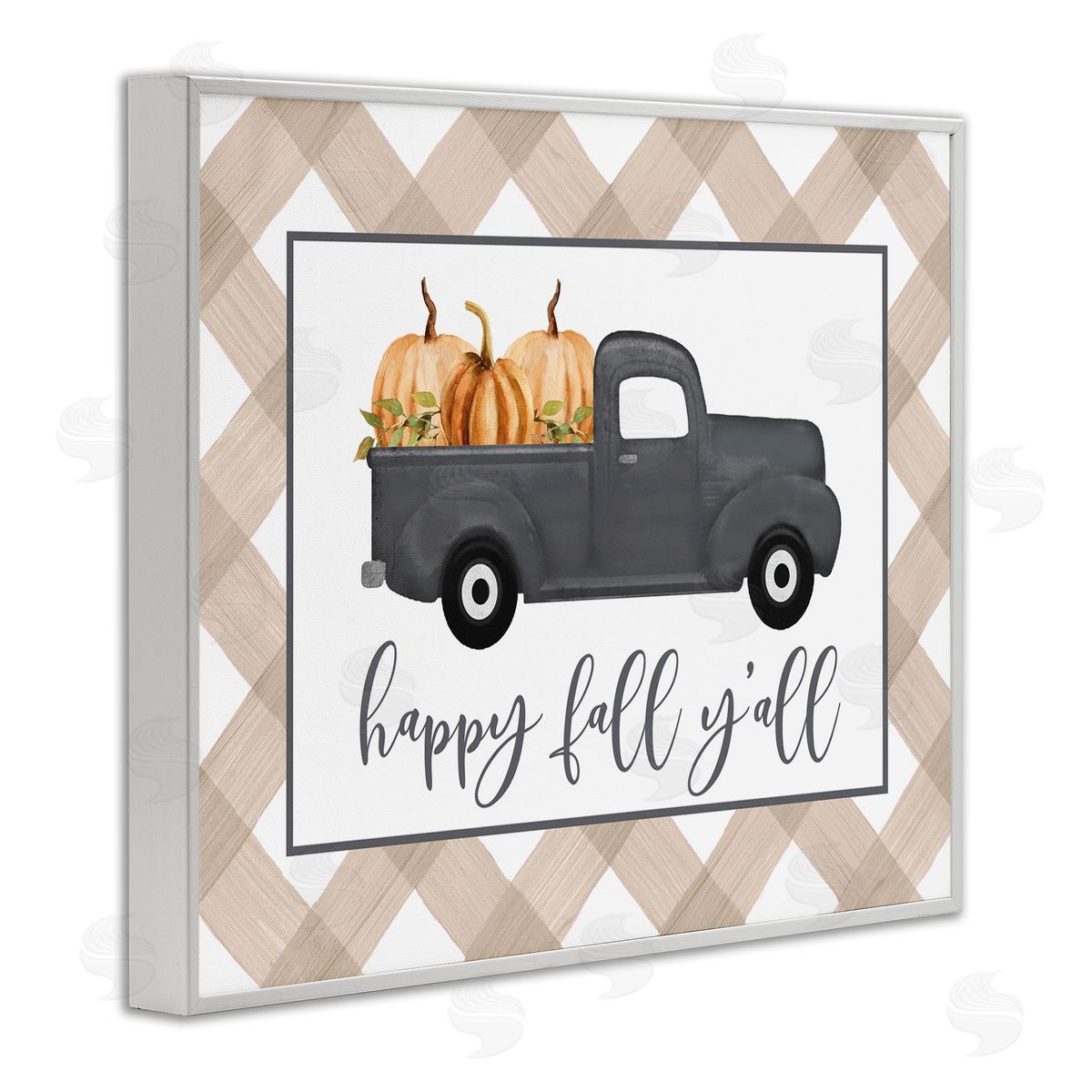 Lettered and Lined Happy Fall Y'all Vintage Truck Carrying Pumpkins White Framed Giclee Wall Art Print