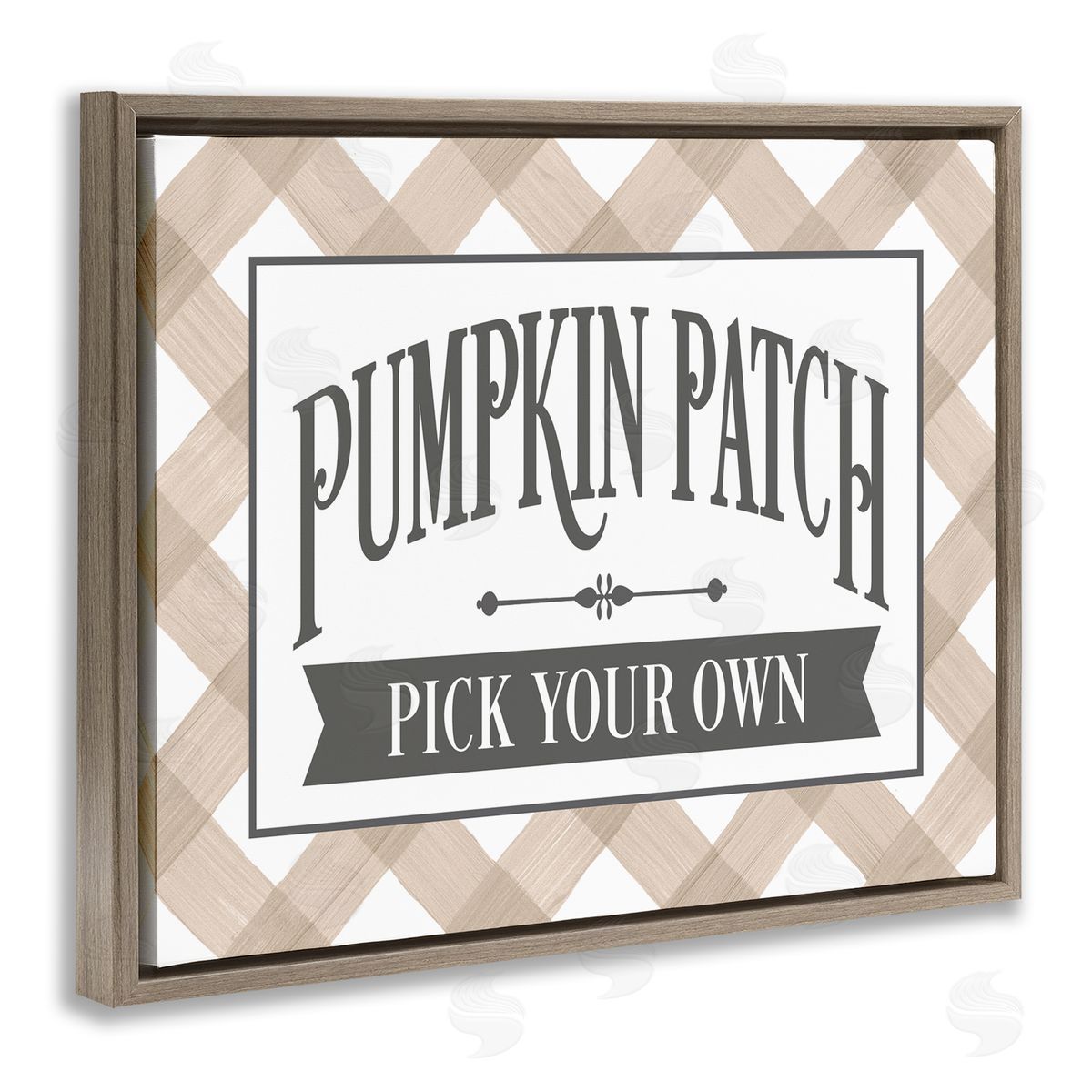 Lettered and Lined Pumpkin Patch Country Sign Autumnal Beige Plaid Brown Floating Frame Canvas Wall Art Print