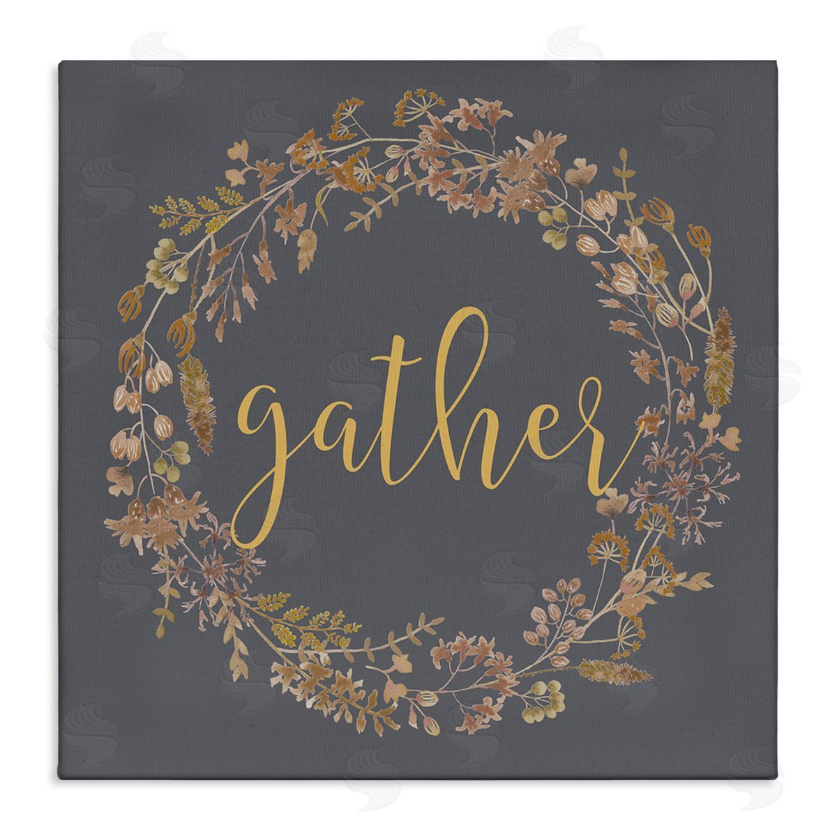 Lettered and Lined Gather Calligraphy Rustic Autumn Botanical Blooms Wreath  Stretched Canvas Wall Art Print