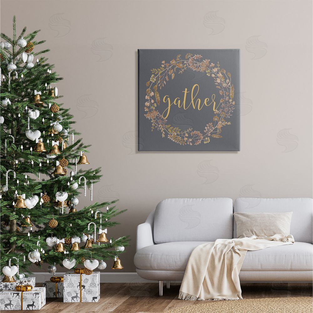 Lettered and Lined Gather Calligraphy Rustic Autumn Botanical Blooms Wreath  Canvas Wall Art in Room