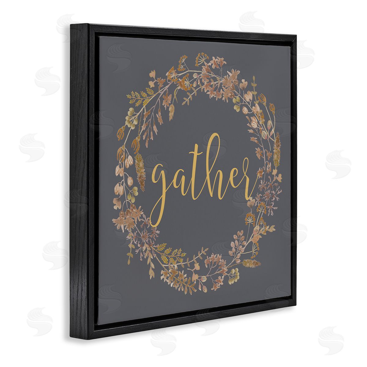 Lettered and Lined Gather Calligraphy Rustic Autumn Botanical Blooms Wreath  Black Floating Frame Canvas Wall Art Print