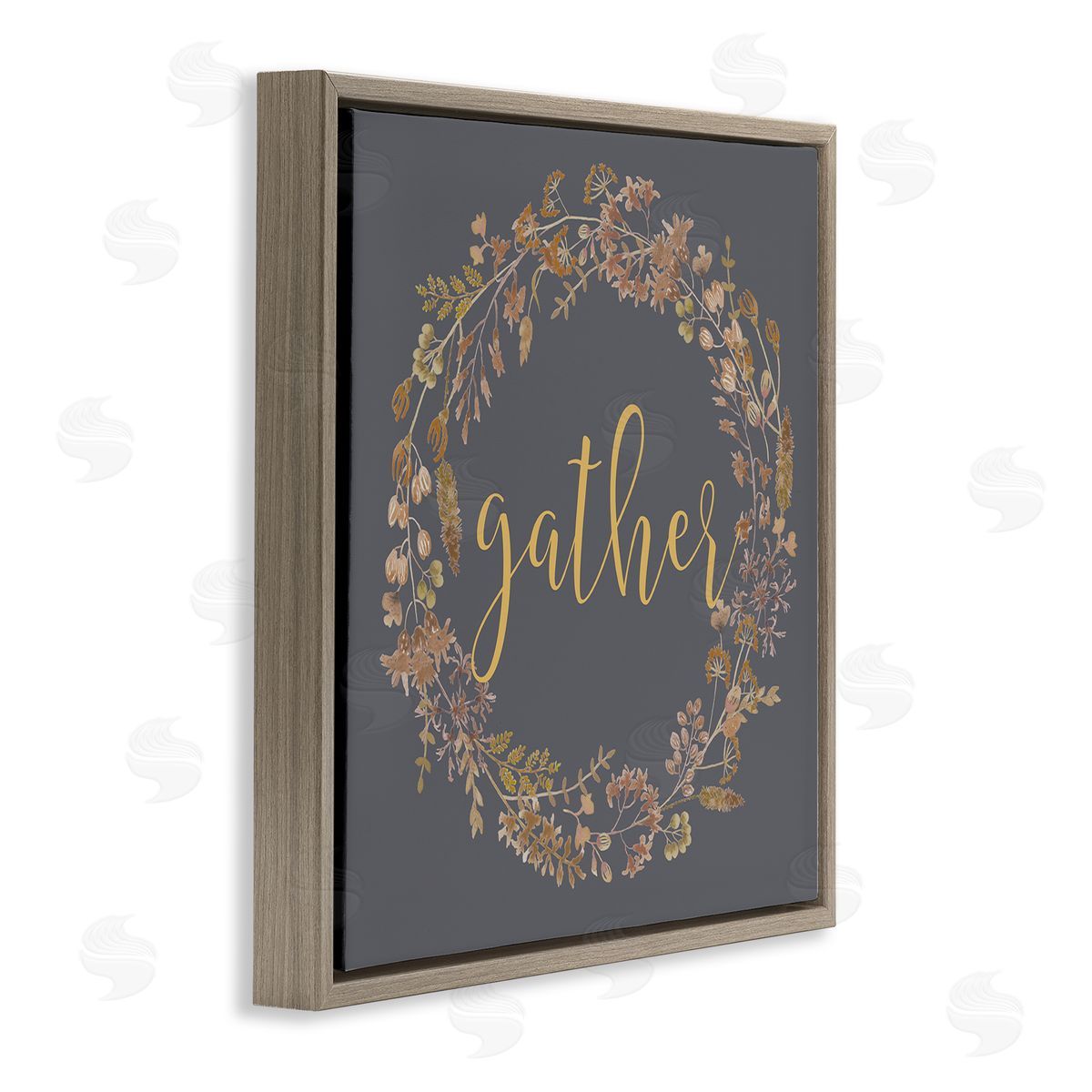 Lettered and Lined Gather Calligraphy Rustic Autumn Botanical Blooms Wreath  Brown Floating Frame Canvas Wall Art Print