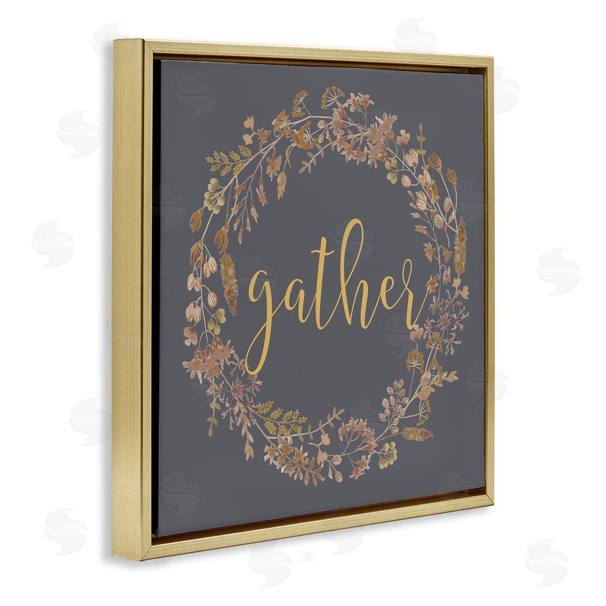 Lettered and Lined Gather Calligraphy Rustic Autumn Botanical Blooms Wreath  Gold Floating Frame Canvas Wall Art Print