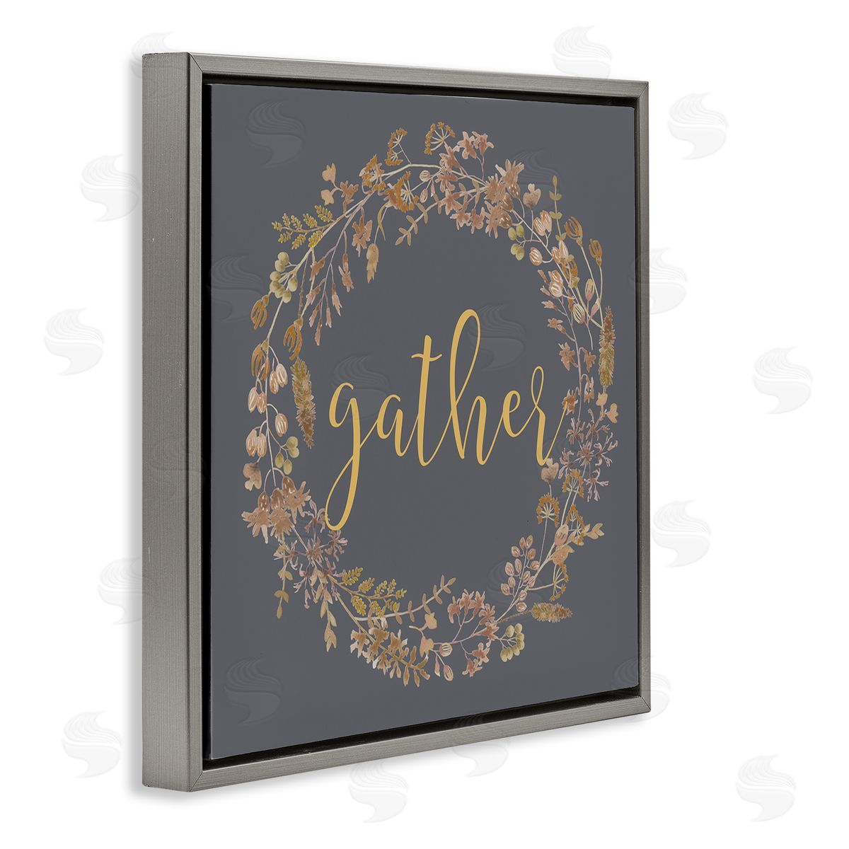 Lettered and Lined Gather Calligraphy Rustic Autumn Botanical Blooms Wreath  Gray Floating Frame Canvas Wall Art Print