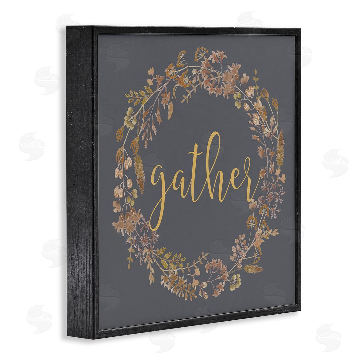 Lettered and Lined Gather Calligraphy Rustic Autumn Botanical Blooms Wreath  Black Framed Glicee Wall Art Print