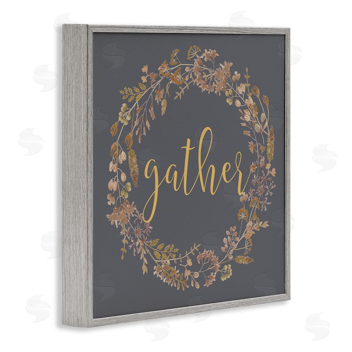 Lettered and Lined Gather Calligraphy Rustic Autumn Botanical Blooms Wreath  Gray Framed Glicee Wall Art Print