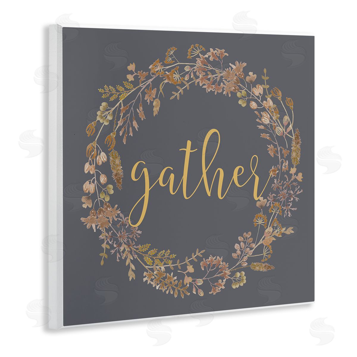 Lettered and Lined Gather Calligraphy Rustic Autumn Botanical Blooms Wreath  Wooden Wall Plaque Art Print